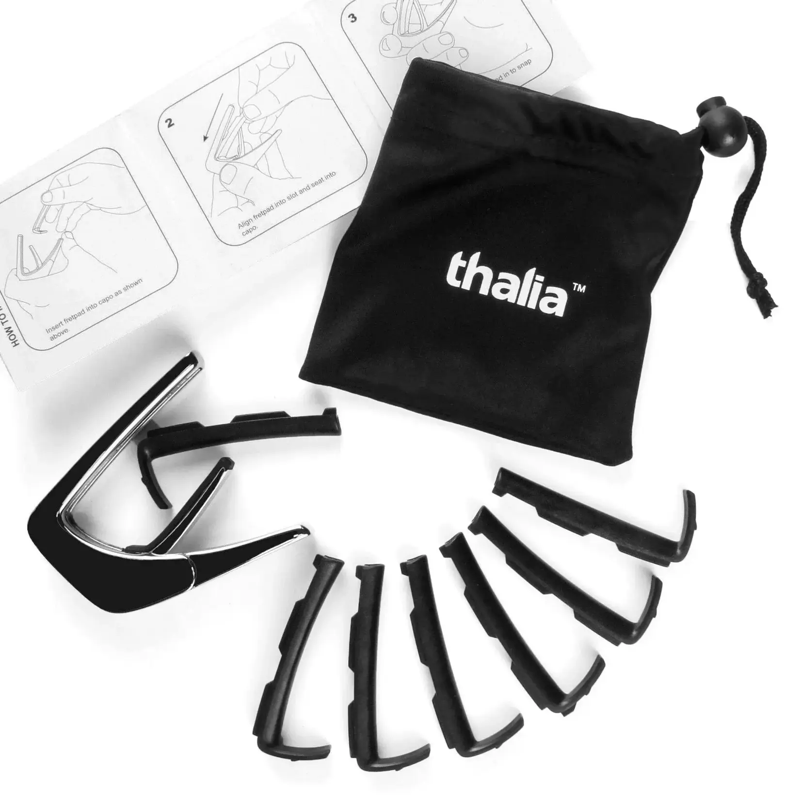 Thalia Guild Black Chrome Finish Capo - Ebony Inked w/V Block Fingerboard Marker - by Thalia
