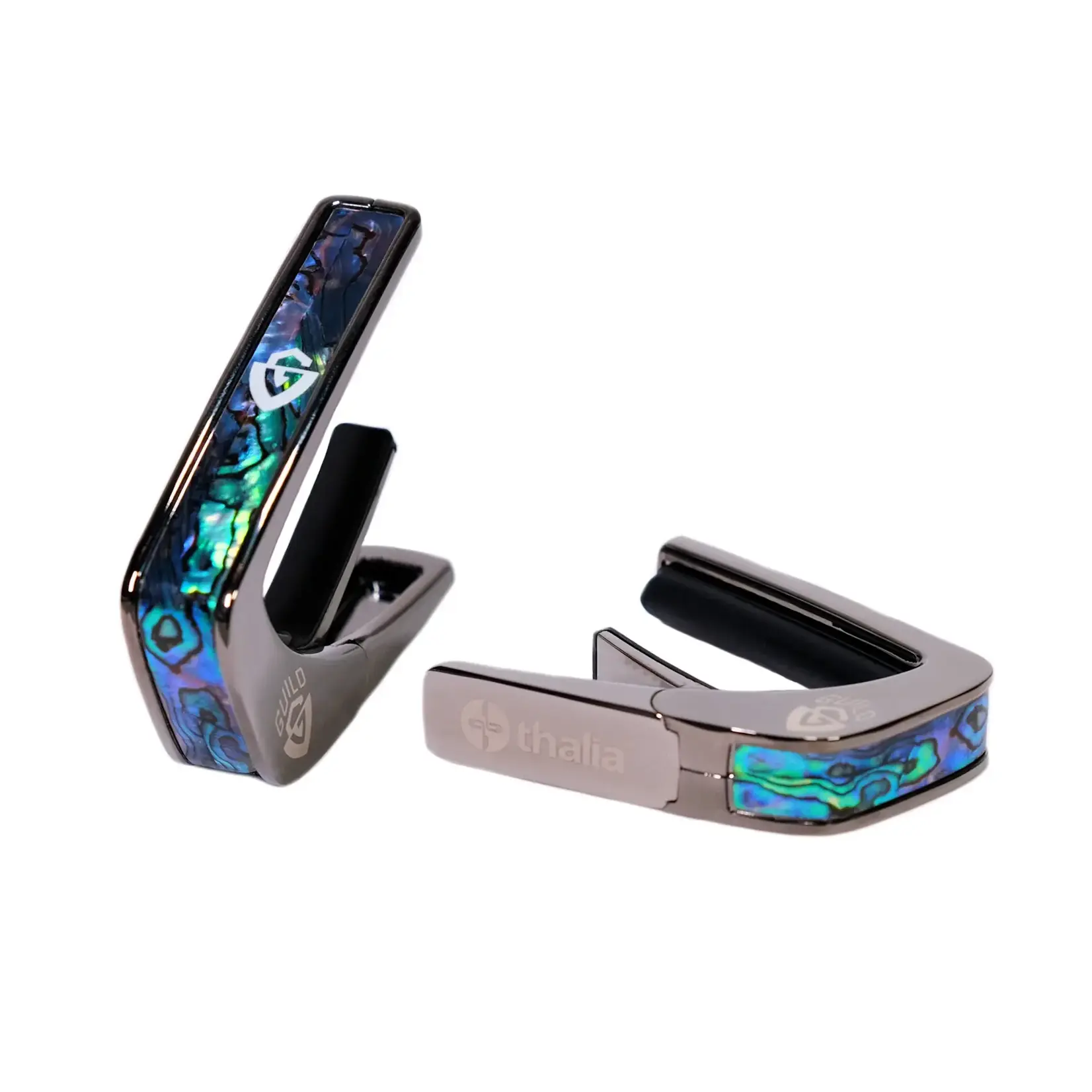 Thalia Guild Black Chrome Finish Capo - Blue Abalone w/G Shield - by Thalia