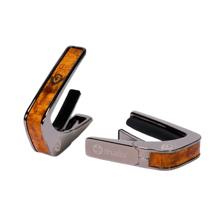 Thalia Guild Black Chrome Finish Capo - Koa w/G Shield - by Thalia
