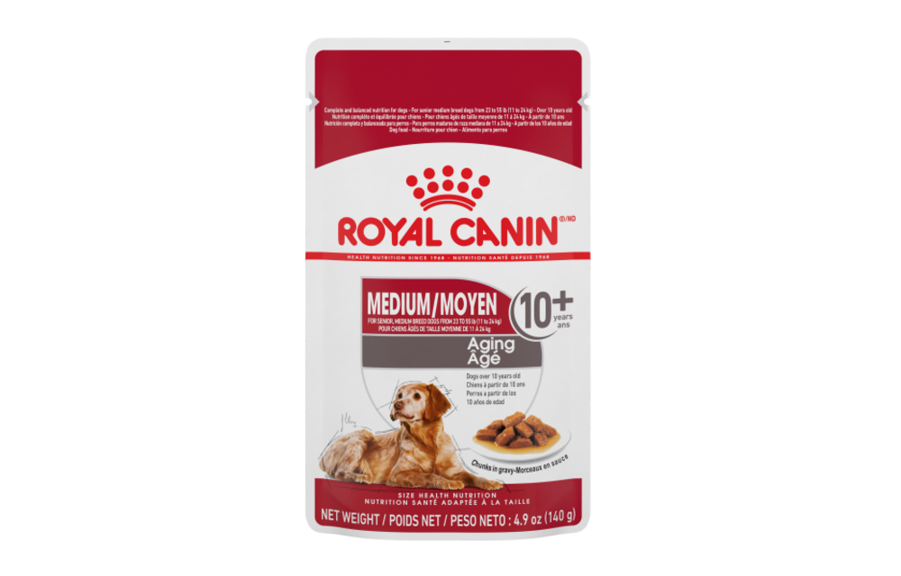 Royal Canin Medium Aging 10+ Pouch Dog Food provides complete and balanced nutrition for senior (over 10 years old) medium breed dogs from 23 to 55 lb (11 to 24 kg). SHN Med Age Chunks 140g Pouch