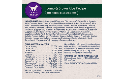 Natural Balance Lamb & Rice Large Breed Dog 26 lb
