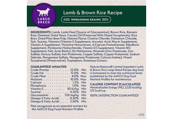 Natural Balance Lamb & Rice Large Breed Dog 26 lb