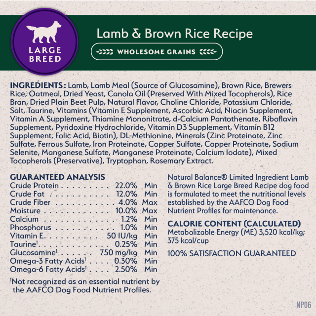 Natural Balance Lamb & Rice Large Breed Dog 26 lb