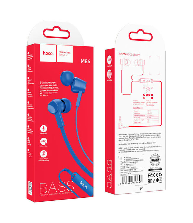 HOCO ÉCOUTEURS FILAIRES 3,5MM AVEC MICRO BLEU (M86)