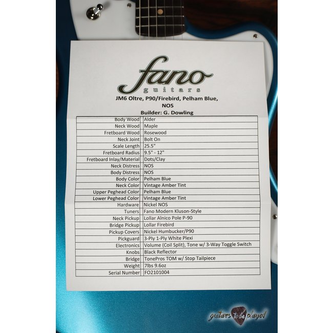 Fano JM6 Oltre Lollar Alnico P-90/Firebird Electric Guitar w/ Bag – Pelham Blue
