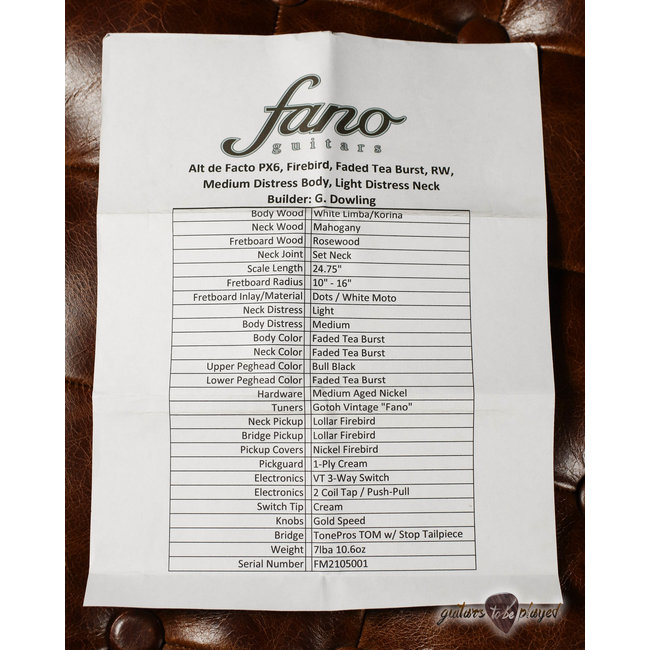 Fano PX6 Alt de Facto Korina Body/Mahogany Set Neck w/ Lollars – Faded Tea Burst