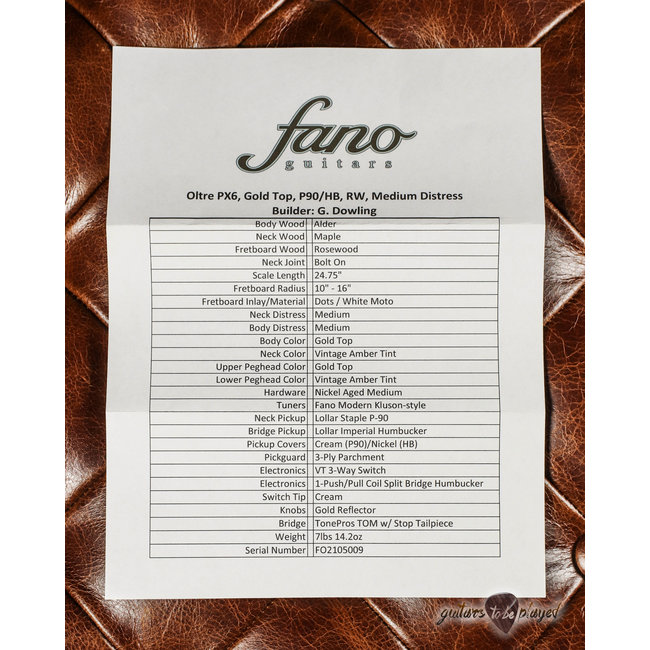 Fano PX6 Oltre Lollar Staple P-90/Imperial Electric Guitar w/ Gigbag – Gold Top