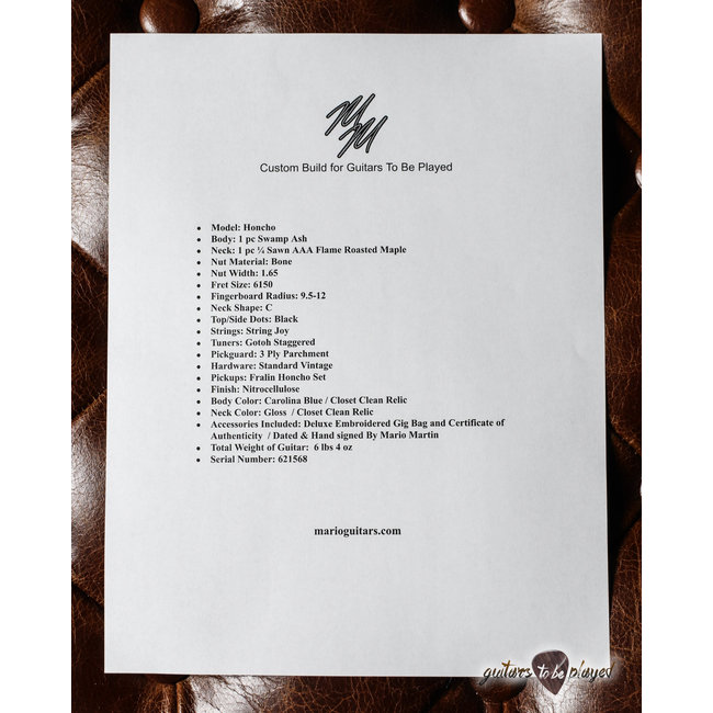 Mario Martin Guitars Honcho, Swamp Ash, Roasted Flame Maple Neck – Carolina Blue