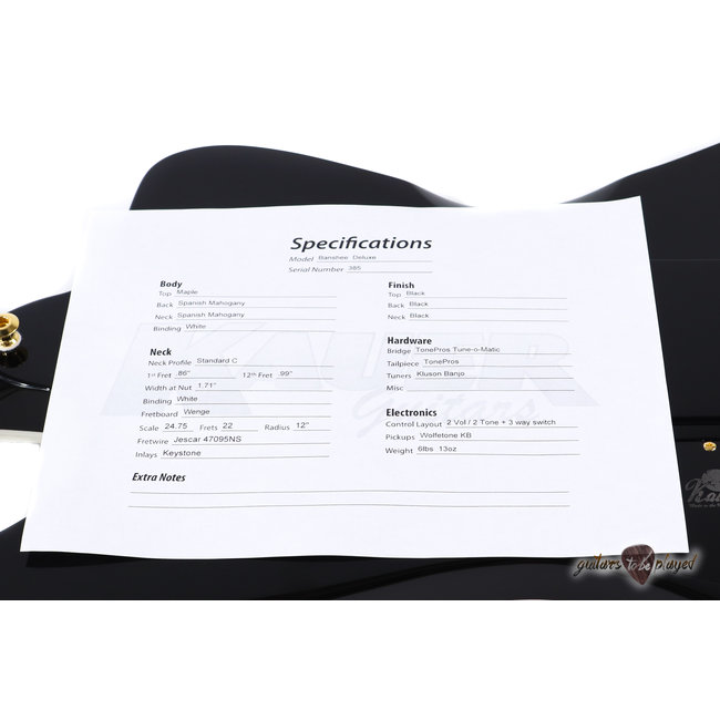 Kauer Banshee Deluxe, Maple Cap & Mahogany Body w/ Wolfetone Humbuckers - Black