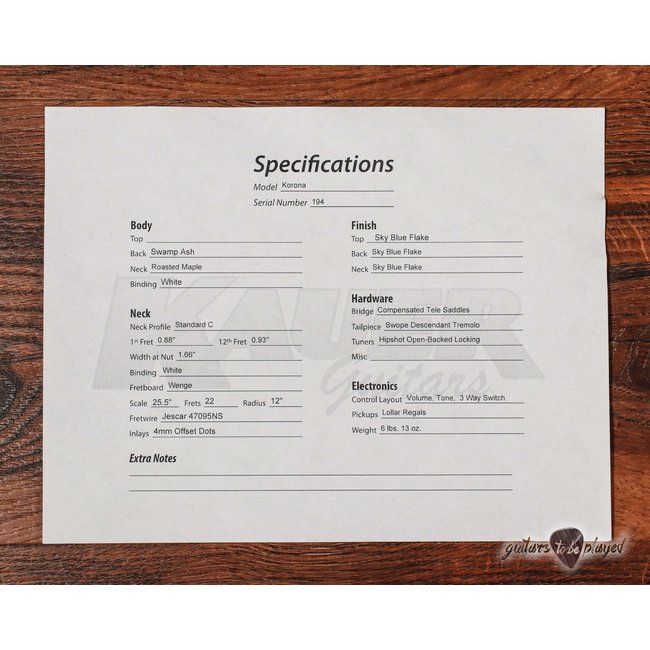 Kauer Korona Swamp Ash Guitar, Lollar Regals, Descendant Vibrato –Sky Blue Flake