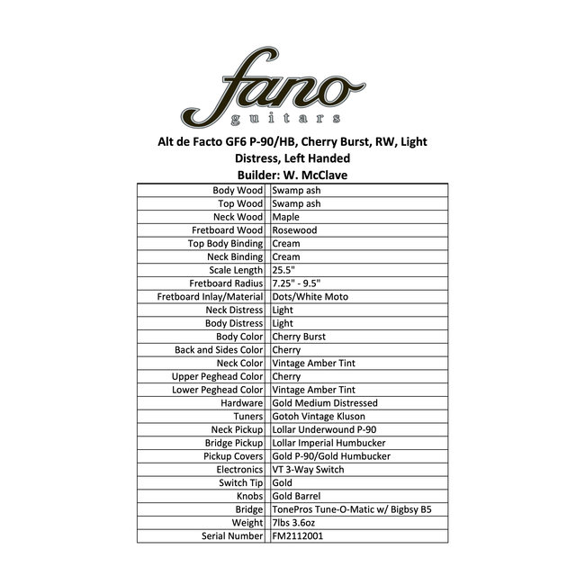 Fano GF6 Alt de Facto Left-Handed Swamp Ash Semi-Hollow w/ Bigsby – Cherry Burst