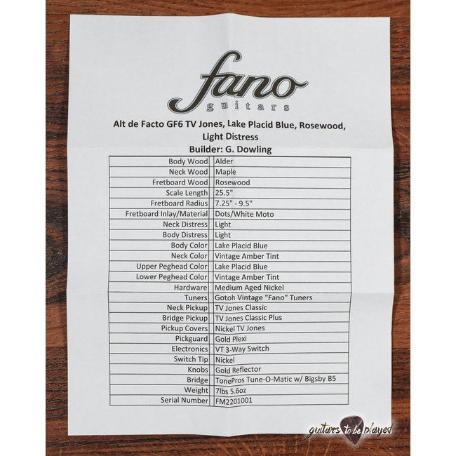 Fano GF6 Alt de Facto TV Jones Semi-Hollow Guitar w/ Bigsby – Lake Placid Blue