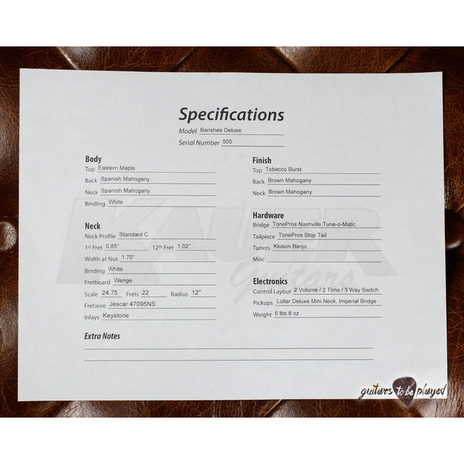 Kauer Banshee Deluxe w/ Maple Cap & Lollar Mini/Imperial HBs – Tobacco Burst