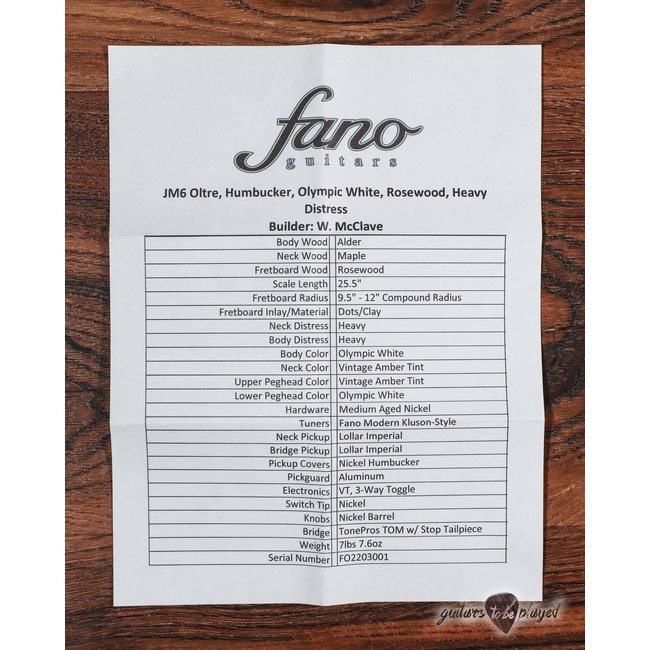 Fano JM6 Oltre Lollar Imperial Humbucker Guitar w/ Gigbag – Olympic White