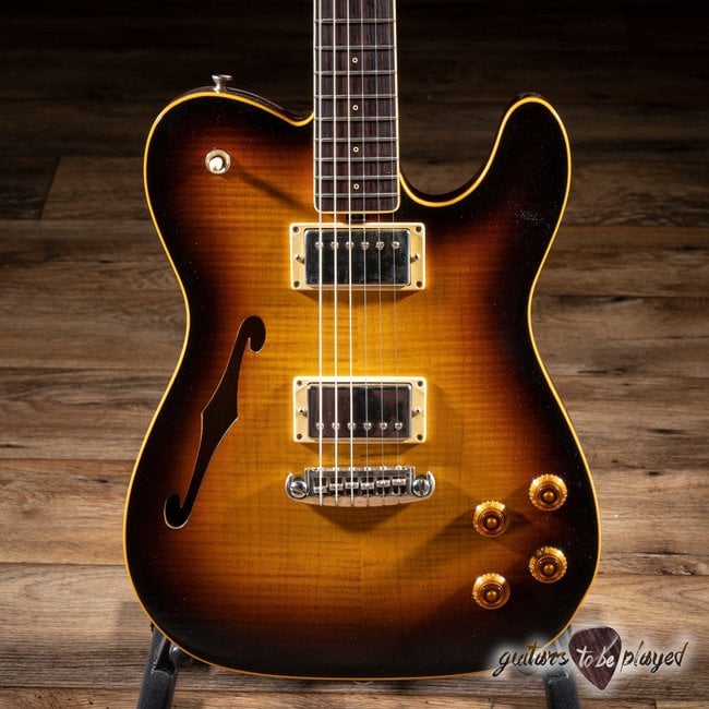 Shabat ThinLion Mahogany & Flame Maple Thinline Guitar – Tobacco Burst ...