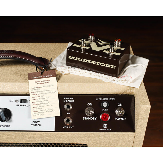 Magnatone Varsity Reverb 15W 1x12” Combo Amp w/ FTSW & Cover – Blonde w/ Oxblood