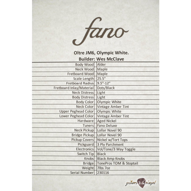 Fano JM6 Oltre Lollar Novel 90 Maple Fretboard Guitar w/ Gigbag – Olympic White