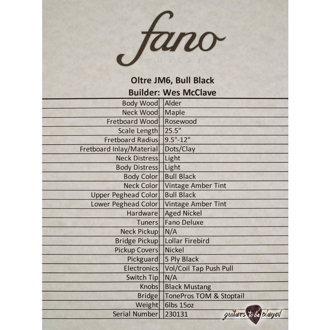 Fano JM6 Oltre Single Pickup Lollar Firebird Guitar w/ Gigbag – Bull Black