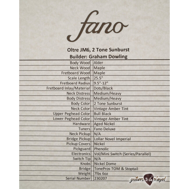 Fano JM6 Oltre Lollar Imperial Guitar w/ Gigbag – 2-Tone Sunburst