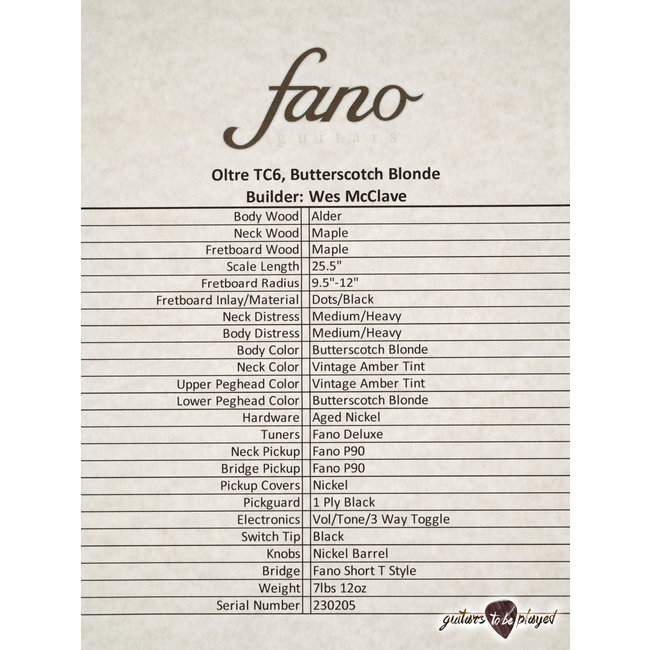 Fano TC6 Oltre P-90 “Blackguard” T-Style Guitar w/ Gigbag - Butterscotch Blonde