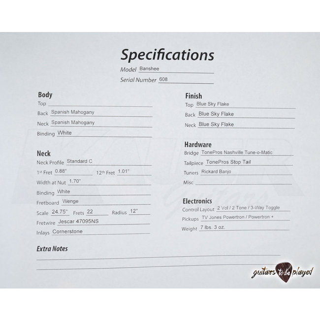 Kauer Banshee Mahogany Guitar w/ TV Jones PowerTrons – Blue Sky Flake