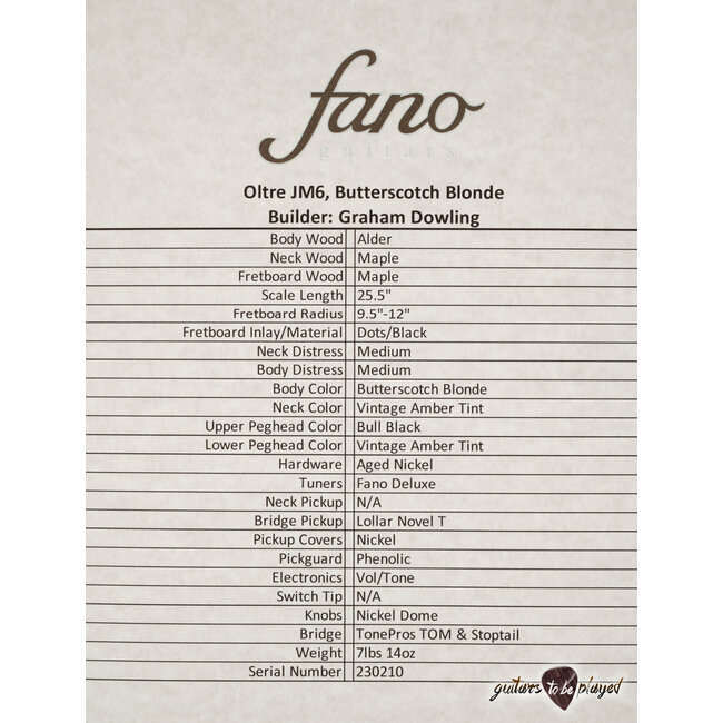 Fano JM6 Oltre Single Lollar Novel T Guitar w/ Gigbag – Butterscotch