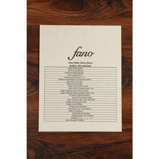 Fano MG6 Oltre Maple Fretboard Lollar P-90 Guitar – Cherry Burst