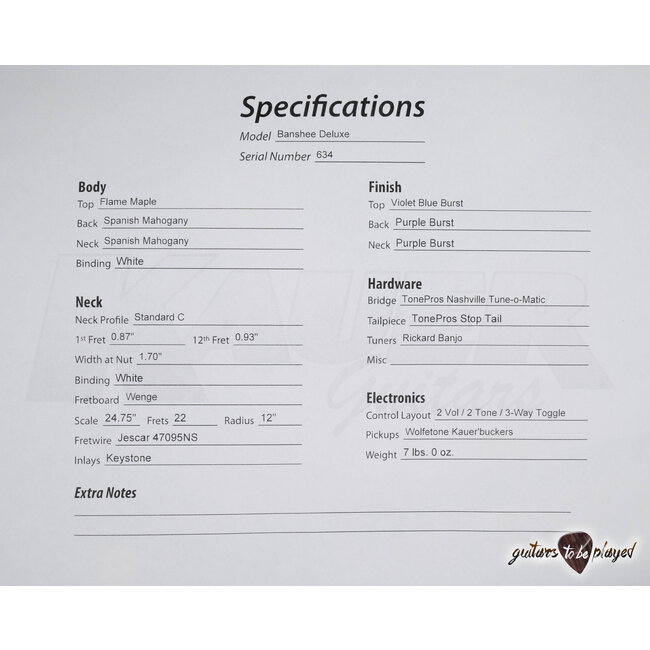 Kauer Banshee Deluxe Flame Maple Top w/ Wolfetone Humbuckers – Violet Blue Burst