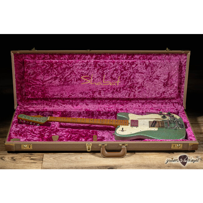 Shabat Lion Custom T-Style Guitar w/ Flame Maple Neck & Bigsby – Seafoam Sparkle