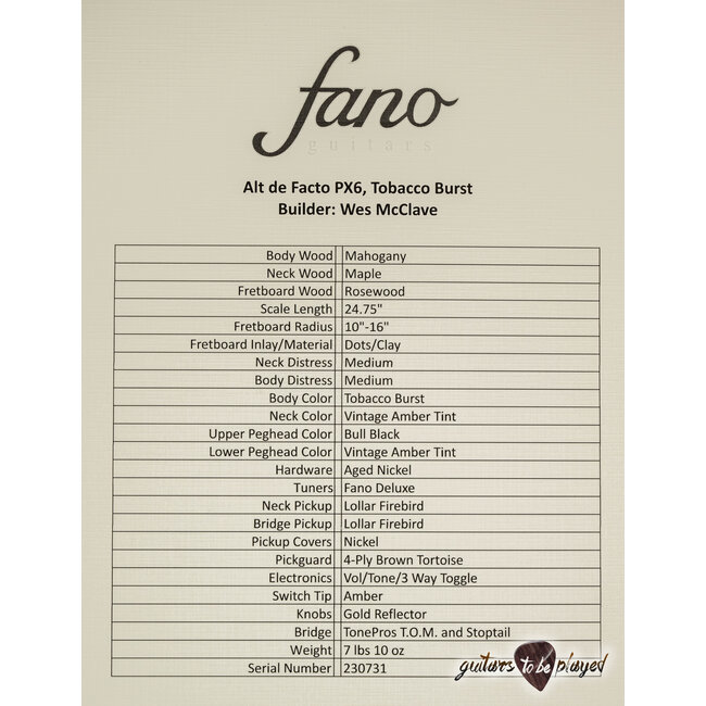 Fano PX6 Alt de Facto Left-Handed Mahogany Lollar Firebird Guitar –Tobacco Burst