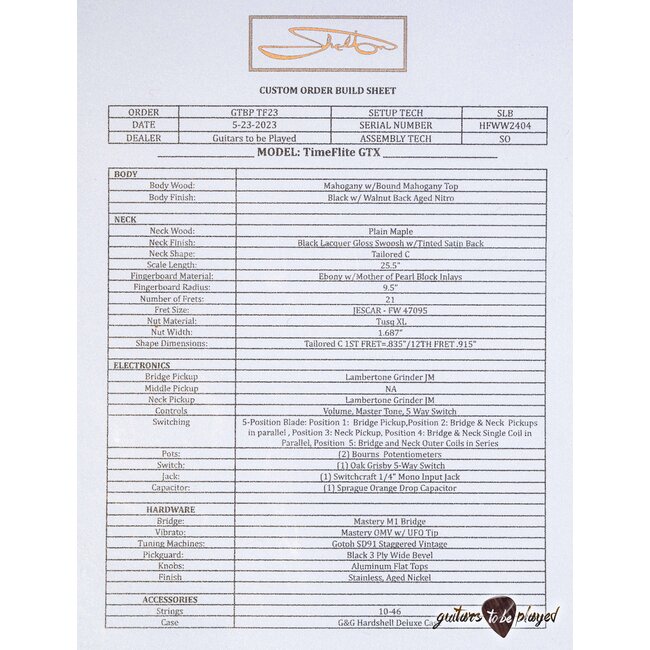 Shelton Timeflite GTX Mahogany Thinline w/ Mastery & Lambertones – Black