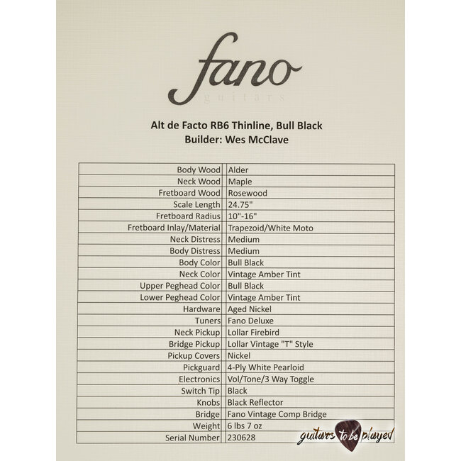 Fano RB6T Thinline Alt de Facto w/ Lollar Firebird & Vintage T – Bull Black