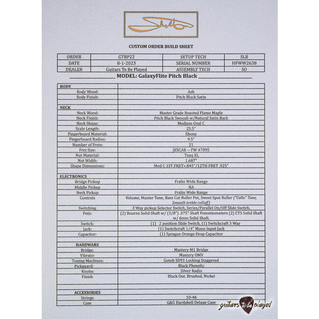 Shelton GalaxyFlite Ash w/ Roasted Flame Maple, Ebony & Fralins – Pitch Black