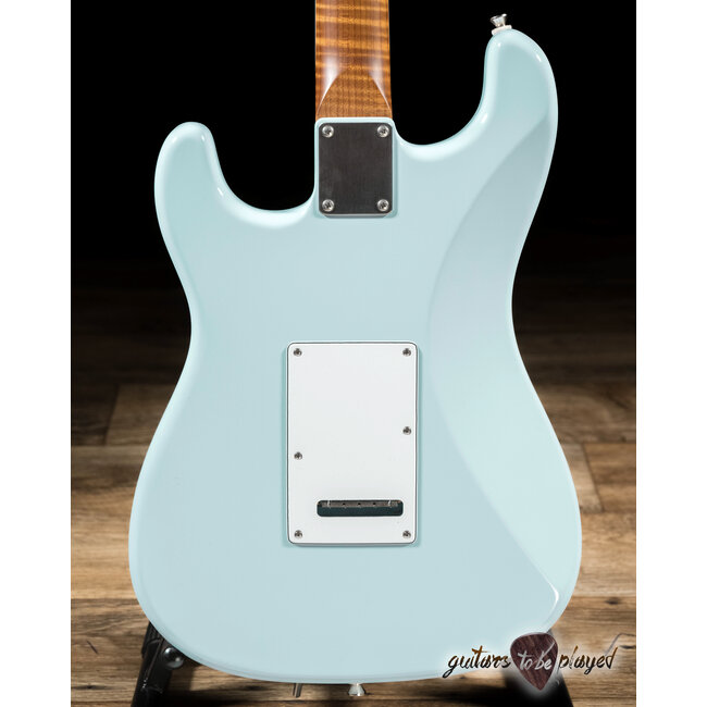 Shelton SkyFlite IV Swamp Ash w/ Roasted Flame Maple & Porter PUs – Sonic Blue