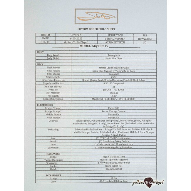 Shelton SkyFlite IV Swamp Ash w/ Roasted Flame Maple & Porter PUs – Sonic Blue