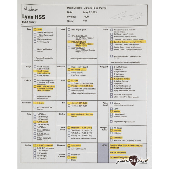 Shabat Lynx Alder HSS w/ Rosewood & Lollar 64’s/Imperial - Firemist Silver/3TSB