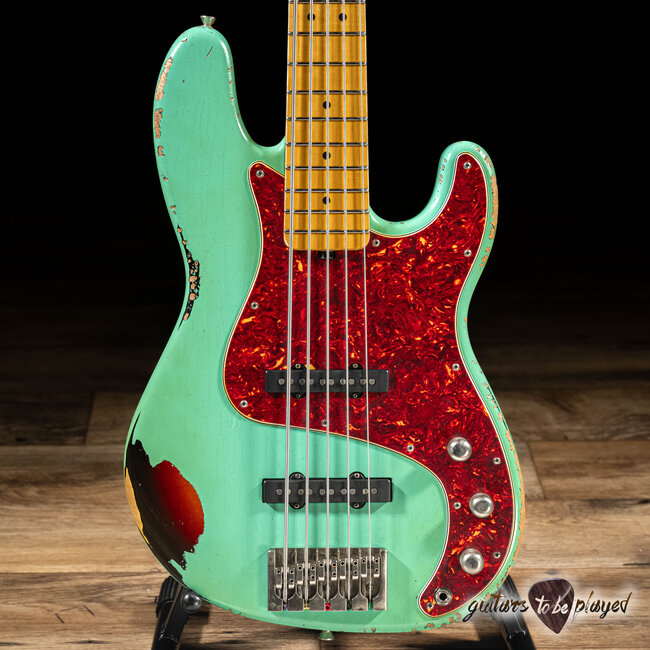 Shabat Tiger 5 String J-Bass w/ Maple Neck – Seafoam Green Over 3TSB