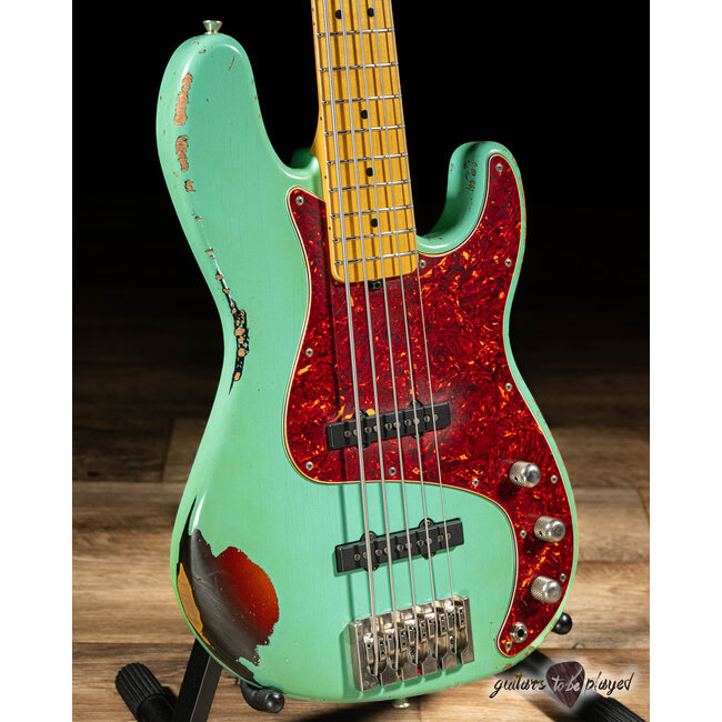 Shabat Tiger 5 String J-Bass w/ Maple Neck – Seafoam Green Over 3TSB
