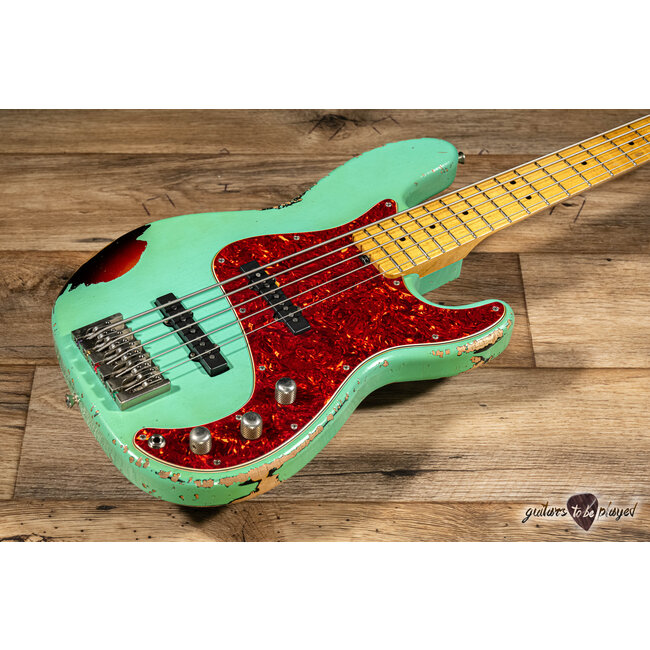 Shabat Tiger 5 String J-Bass w/ Maple Neck – Seafoam Green Over 3TSB