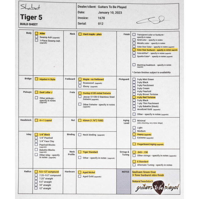 Shabat Tiger 5 String J-Bass w/ Maple Neck – Seafoam Green Over 3TSB