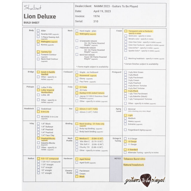 Shabat Lion Deluxe Mahogany Neck & Body w/ Lollar Imperials – Tobacco Burst