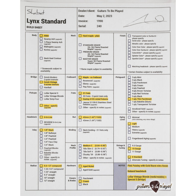 Shabat Lynx Alder S-Style w/ Lollar Blondes & Special S –Pink Paisley/Gold Burst