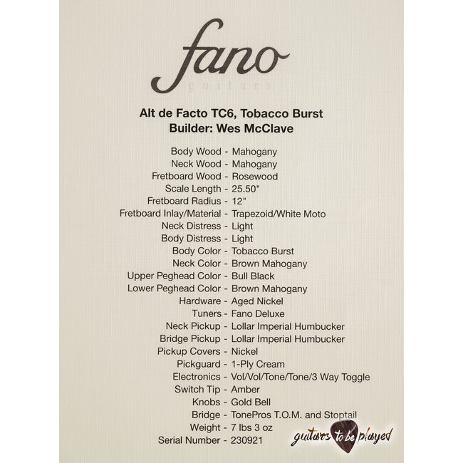 Fano TC6 Alt de Facto Maple Carve Top w/ Lollar Imperials & Case – Tobacco Burst