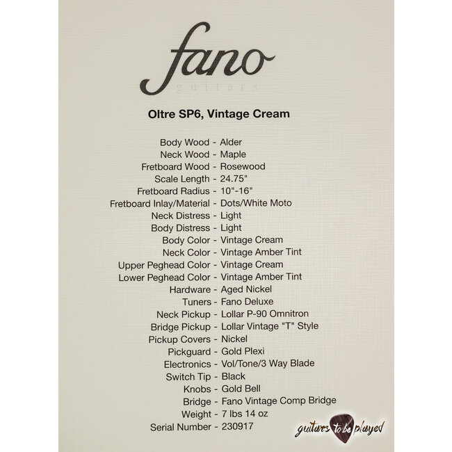 Fano SP6 Oltre Lollar OmniTron P-90 & Vintage T Guitar w/ Gigbag – Vintage Cream