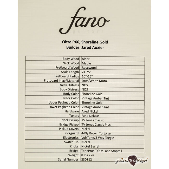 Fano PX6 Oltre TV Jones Classic/Classic Plus Guitar w/ Gigbag – Shoreline Gold