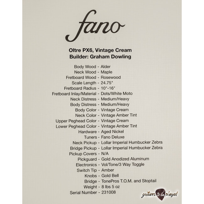 Fano PX6 Oltre Lollar Zebra Imperial Guitar w/ Gigbag – Vintage Cream