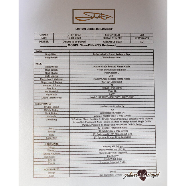 Shelton Timeflite GTX Redwood w/ Mastery & Flame Maple – Violin Burst Satin