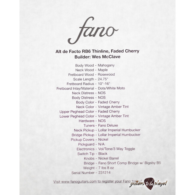 Fano RB6T Alt de Facto Thinline Maple Top w/ HB’s & Bigsby – Faded Cherry