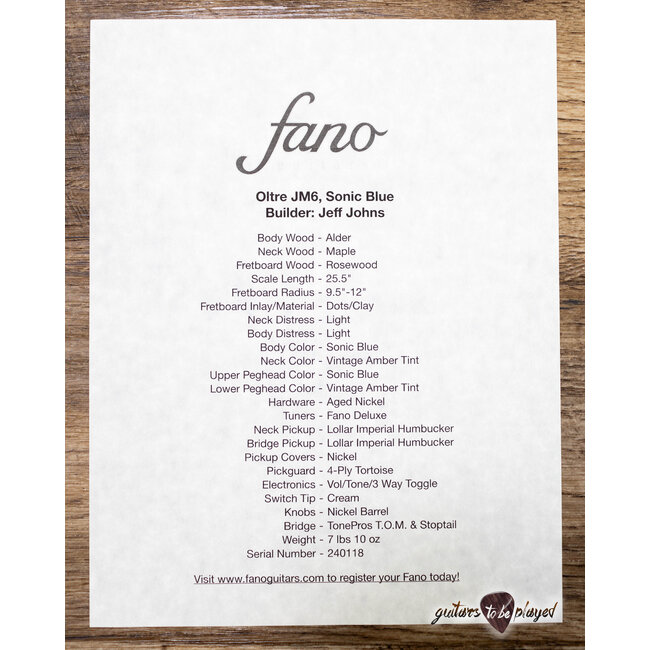 Fano JM6 Oltre Lollar Imperial Guitar w/ Gigbag – Sonic Blue