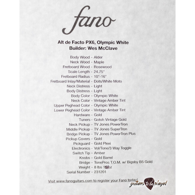Fano PX6 Alt de Facto 3x TV Jones Guitar w/ Bigsby & Case – Olympic White